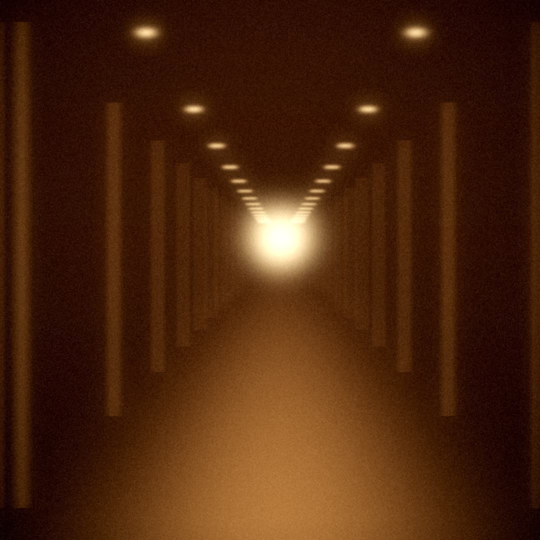 Couloir de palace éclairé par une lumière au bout