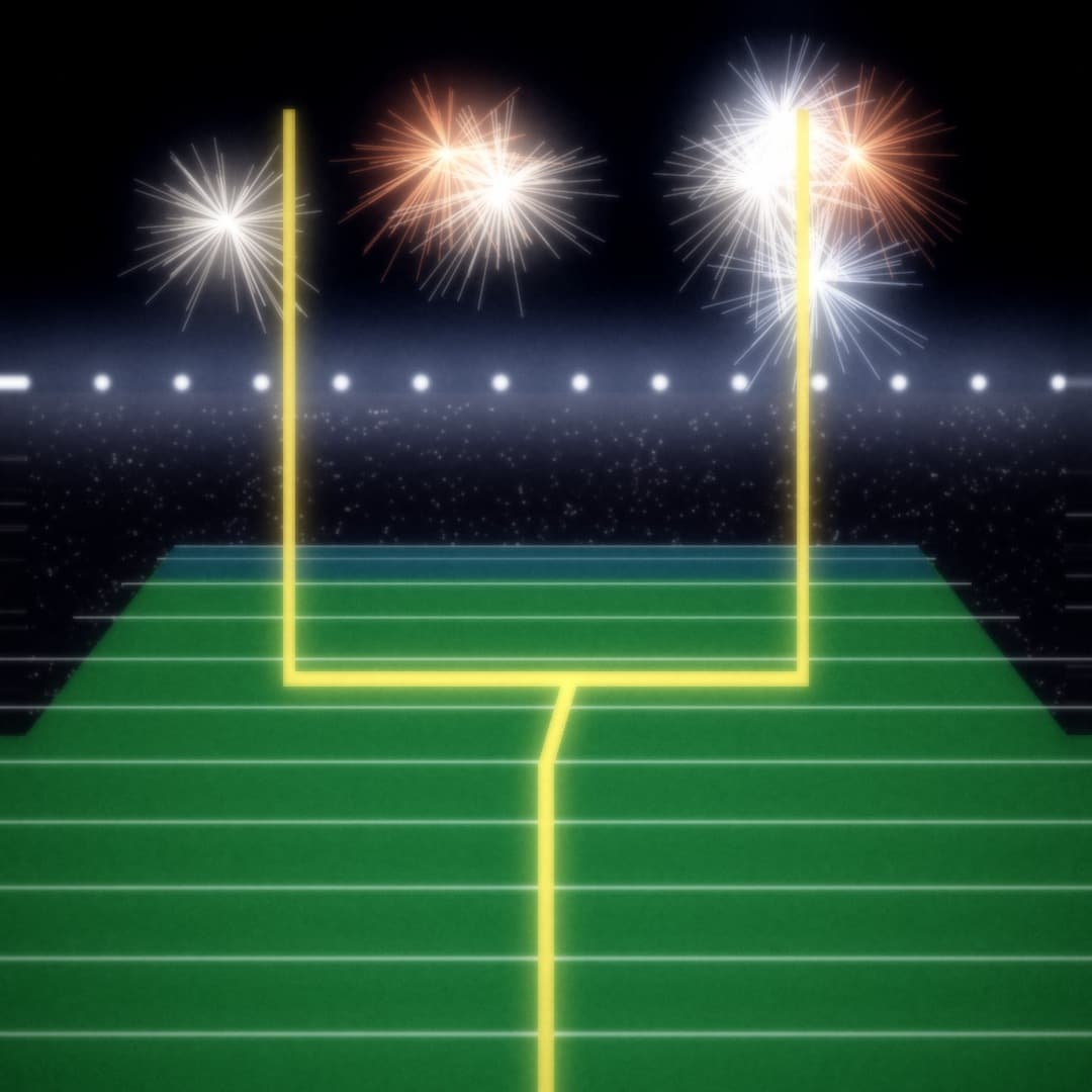 Postes amarillos ante el campo, fuegos artificiales sobre el estadio