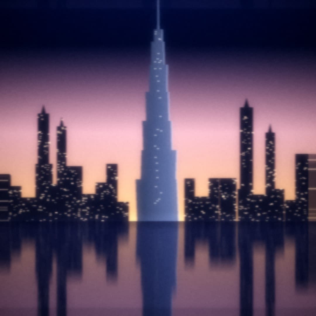Burj Khalifa au-dessus de Downtown Dubaï au crépuscule, reflétée dans l'eau