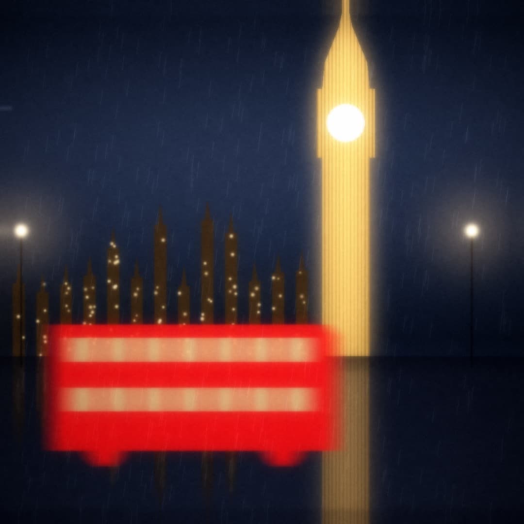 Big Ben illuminé la nuit sous la pluie, un bus rouge à impériale qui passe