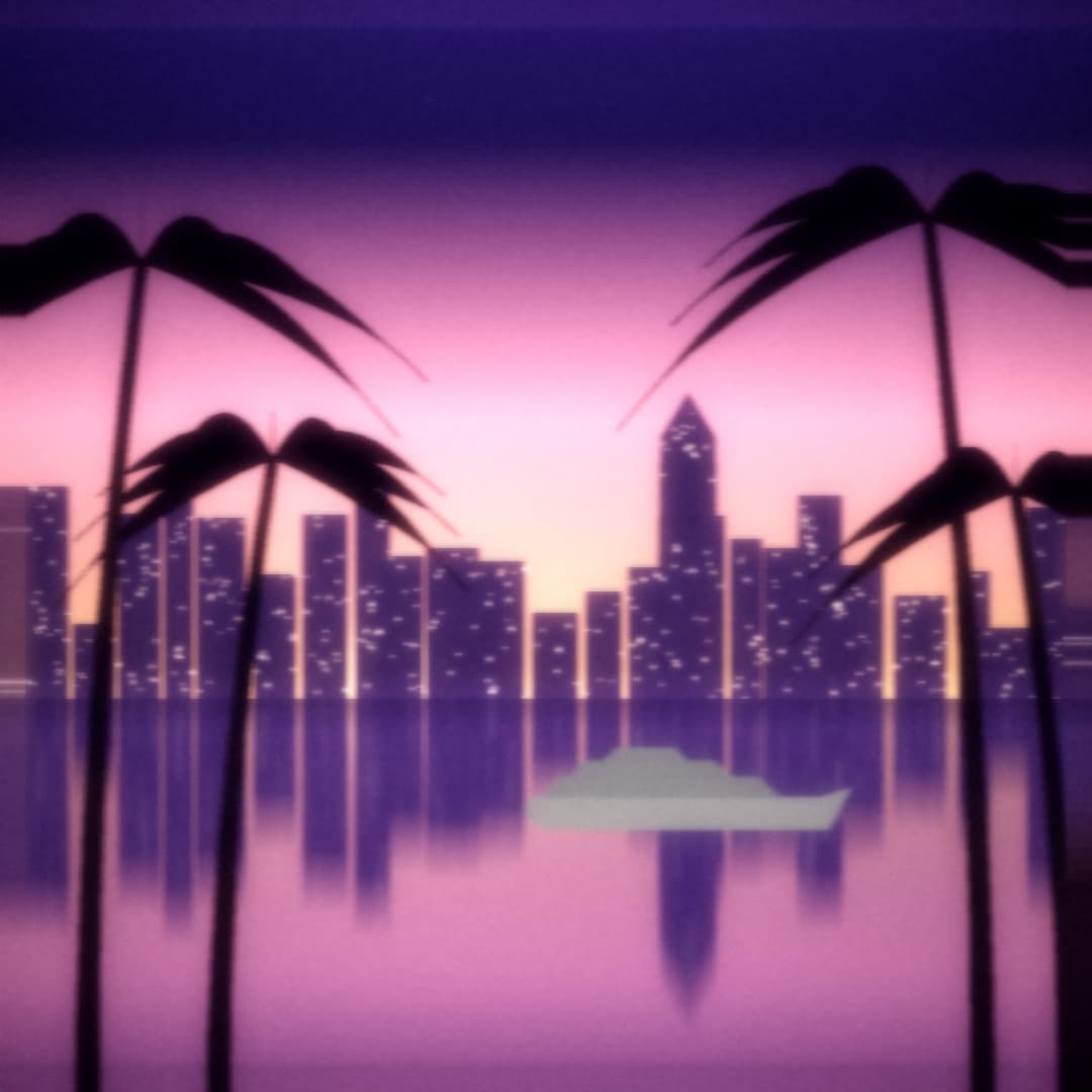 Palmiers et skyline de Miami de l'autre côté de la baie, au crépuscule rose